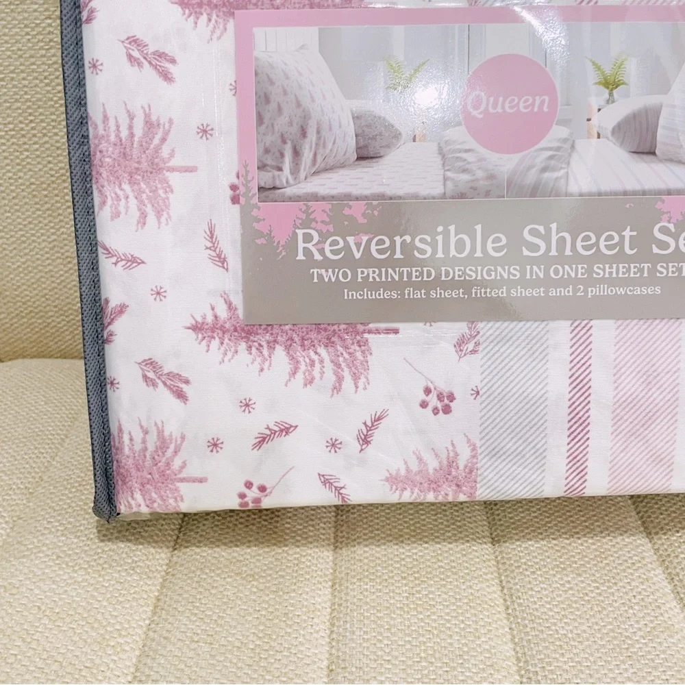 NEW Queen Reversible Sheet Set White Pine Tree Stripe 4pc Winter Holiday Bedding